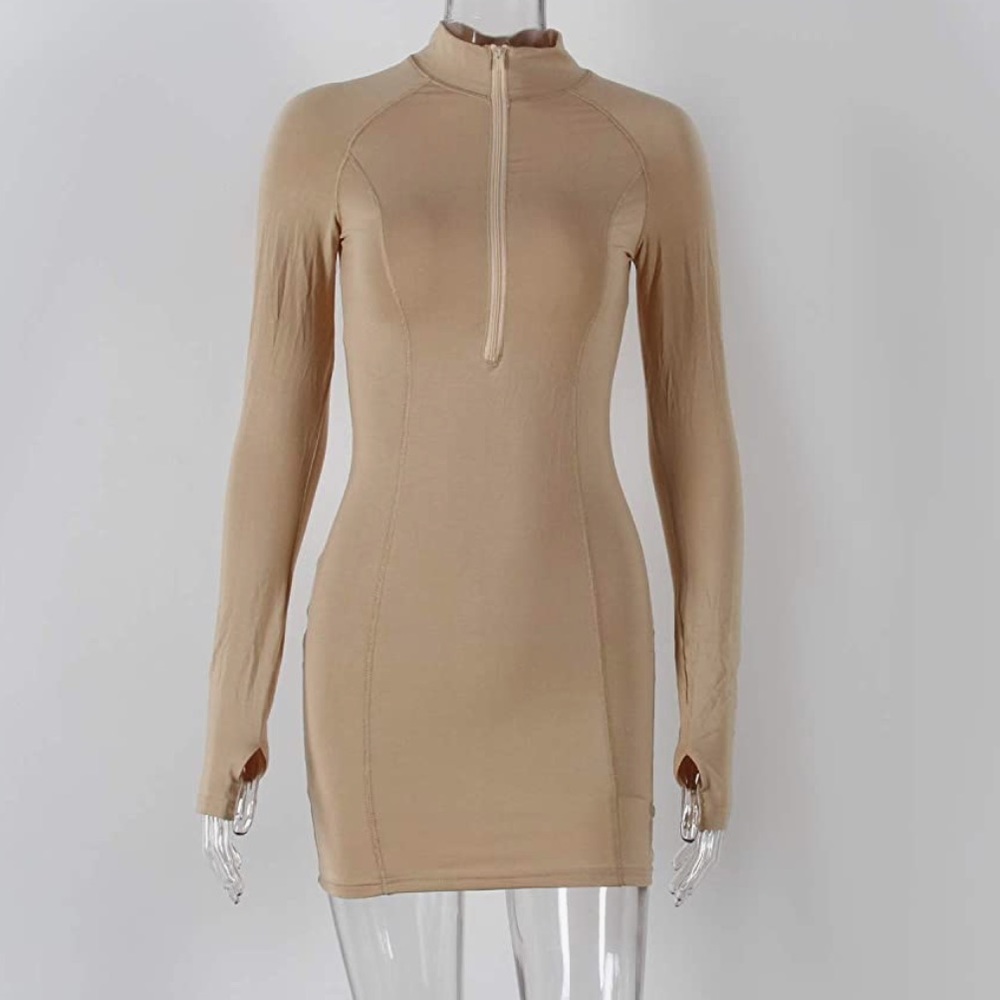 Beige Long Sleeve Bodycon Dress